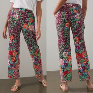 Chicos Pants Folk Art Wide Leg Floral Relaxed Fit Pull On Chicos 1R US Size 8/10